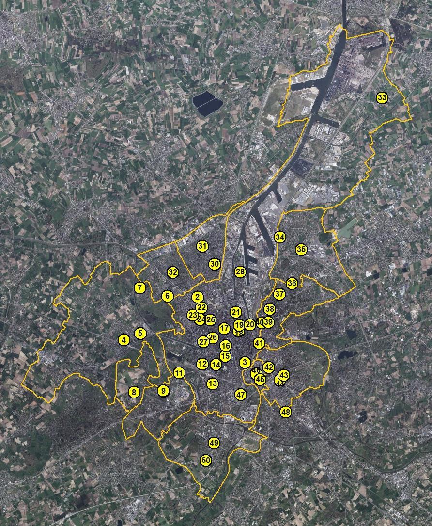 Figuur 4: De 50 meetplaatsen op kaart. Deze 50 tijdelijke meetplaatsen waren extra meetpunten bovenop de vaste VMM-referentiestations (zie Figuur 5). Er staan vijf meetstations op Gents grondgebied.