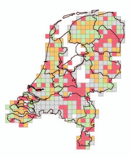 Verspreiding: <1998 (rood), 1998-2002 (oranje), >2002 (groen), onbekend (grijs) en wit (voorkomen niet verwacht) Verspreiding: In Nederland is de waterspitsmuis overal te vinden waar geschikt habitat