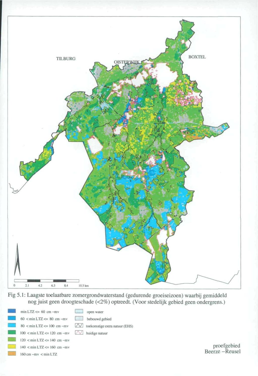 TILBURG HOYII.l 4.2 6.3 8.4 10.5 km Fig 5.1: Laagste toelaatbare zomergrondwaterstand (gedurende groeiseizoen) waarbij gemiddeld nog juist geen droogteschade (<2%) optreedt.