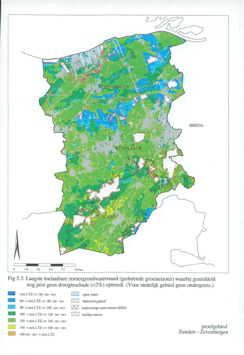 Fig 5.3: Laagste toelaatbare zomergrondwaterstand (gedurende groeiseizoen) waarbij gemiddeld nog juist geen droogteschade (<2%) optreedt. (Voor stedelijk gebied geen ondergrens.