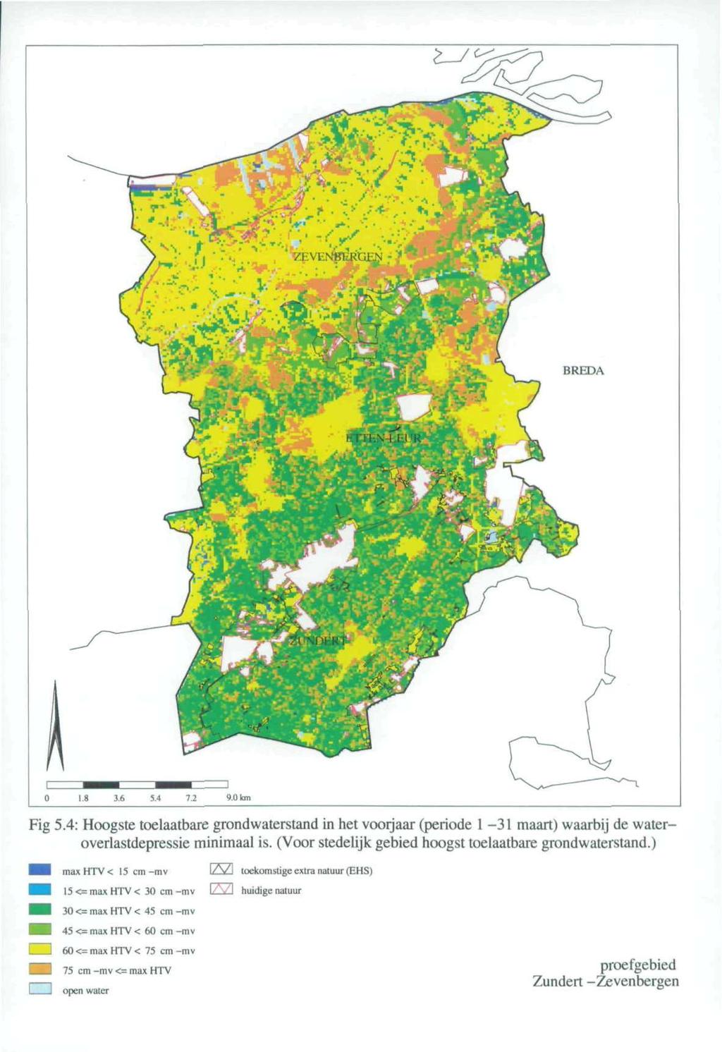 Fig 5.4: Hoogste toelaatbare grondwaterstand in het voorjaar (periode 1-31 maart) waarbij de wateroverlastdepressie minimaal is. (Voor stedelijk gebied hoogst toelaatbare grondwaterstand.