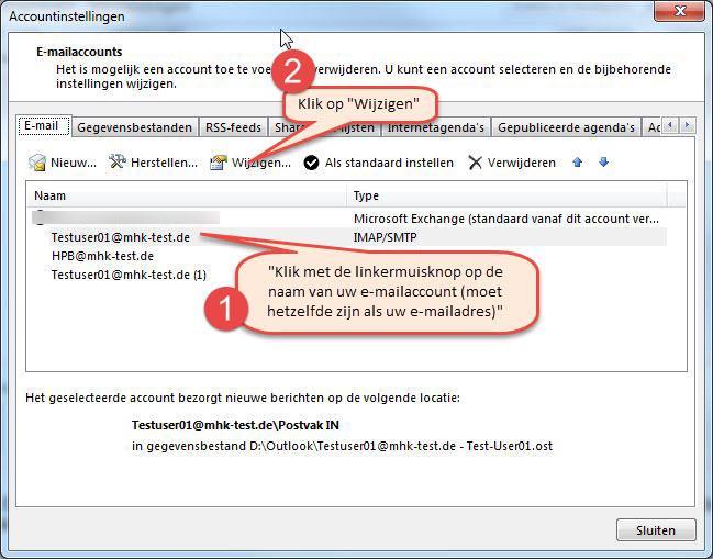 In de lijst kiest u vervolgens de emailaccount uit die omgezet moet worden.