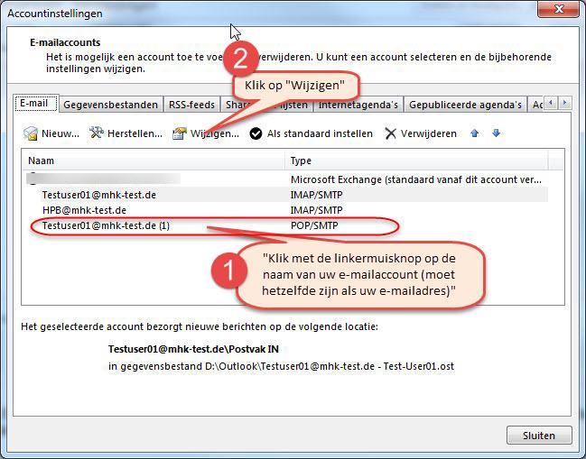 In de lijst kiest u vervolgens de emailaccount uit die omgezet moet worden. In de meerderheid van de gevallen zal hier slechts één account aanwezig zijn.