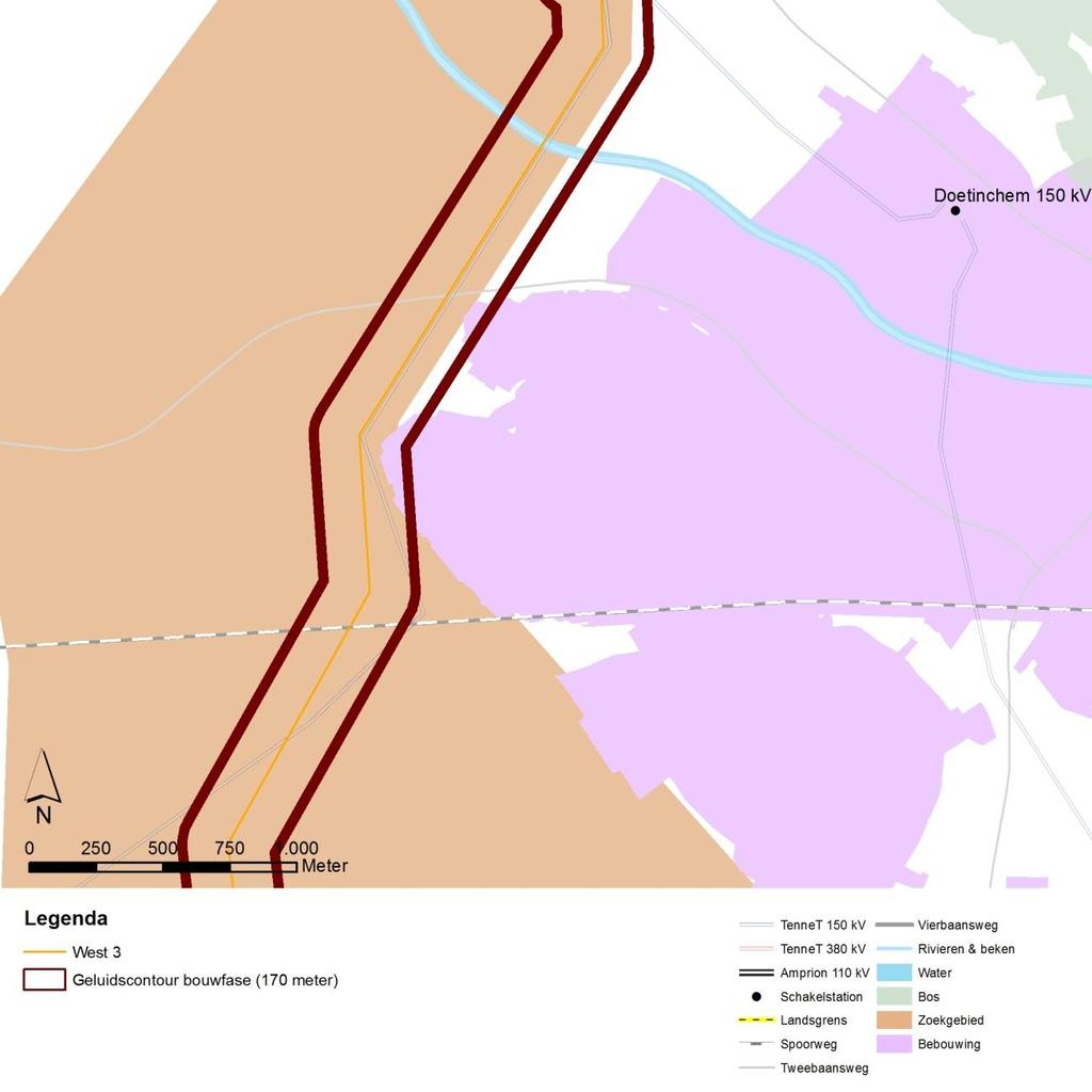 Afbeelding 18 Voorbeeld 170 meter geluidscontour bij alternatieven west 3, 3a en 3b Alternatieven west 2a en Oost 2 en Oost 2a zijn verder weggelegen van de stedelijke bebouwing en scoort daarom