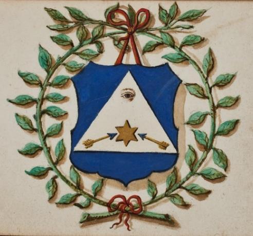 In blauw een zilveren driehoek, waarvan de punten de randen van het schild raken, beladen in de bovenpunt van een oog, en in de voet van een gouden ster, vergezeld ter