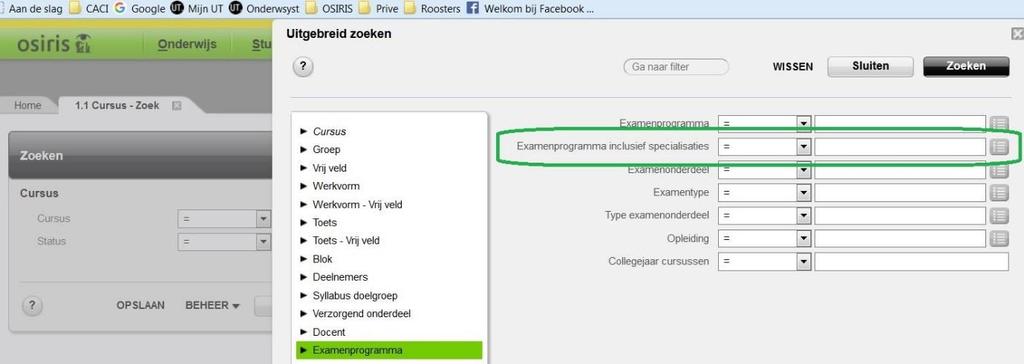 Ad 1. Bij uitgebreid zoeken naar een cursus is onder het tabje Examenprogramma een nieuw
