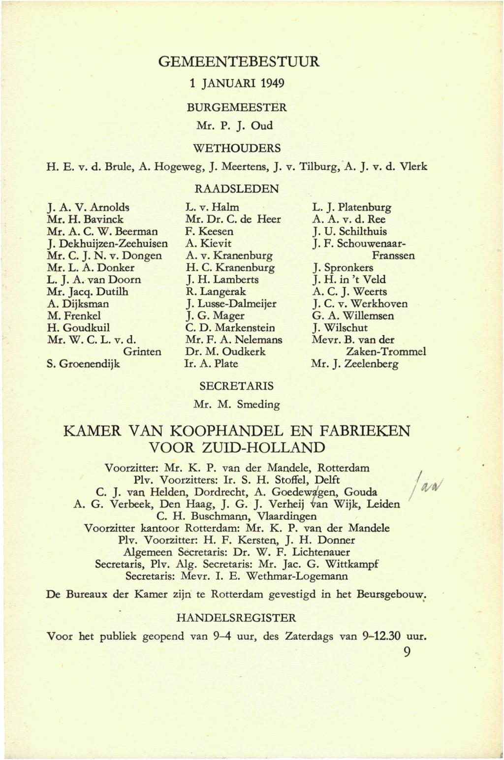 GEMEENTEBESTUUR 1 JANUARI 1949 BURGEMEESTER Mr. P. J. Oud WETHOUDERS H. E. v. d. Brule, A. Hogeweg, J. Meertens, J. v. Tilburg, A. J. v. d. Vlerk J. A. V. Arnolds Mr. H. Bavinck Mr. A. C. W. Beerman J.