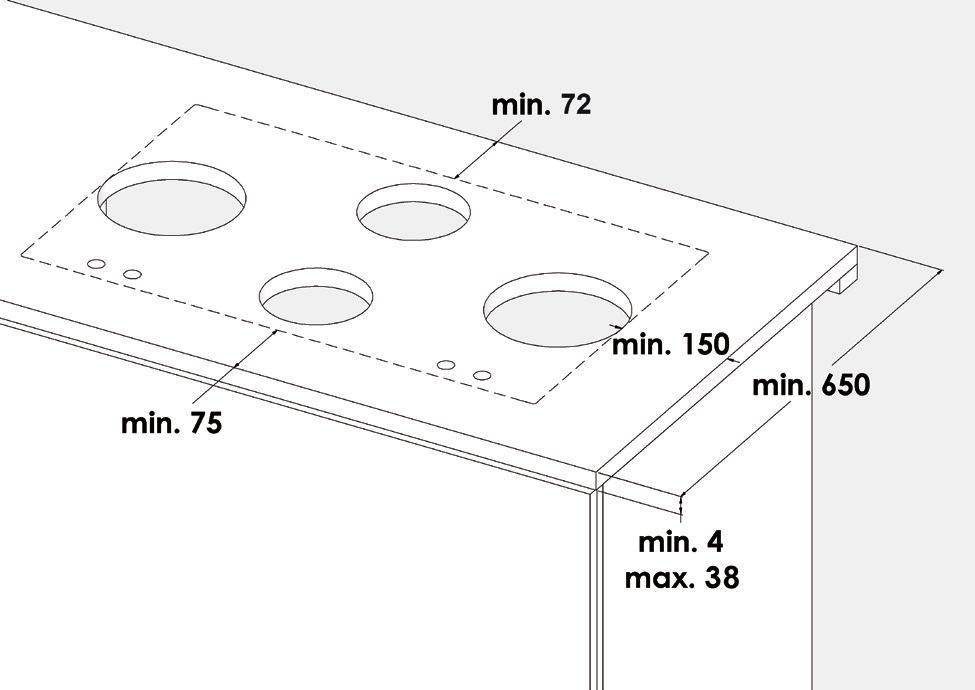 2. Keukenwerkblad: uitsparingen Houd te allen tijde de richtlijnen van de keukenfabrikant en/of keukenbladenfabrikant strikt