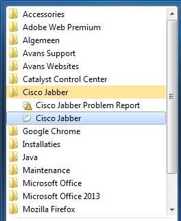 1. Eerste opstart en inloggen op een vaste Avans-computer In je start-menu of op je bureaublad heb je een snelkoppeling van Jabber staan, zoals bij afbeelding 1 en 2 hieronder: Afb. 1: Afb. 2: Afb.