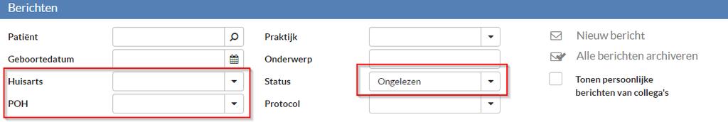 2 Huisarts / POH 2.1 Communicatie 1. Het is mogelijk om bij het notificatiecentrum te filteren op Huisarts en Praktijkondersteuner. Dan worden alleen de berichten van die gekoppelde patiënten getoond.