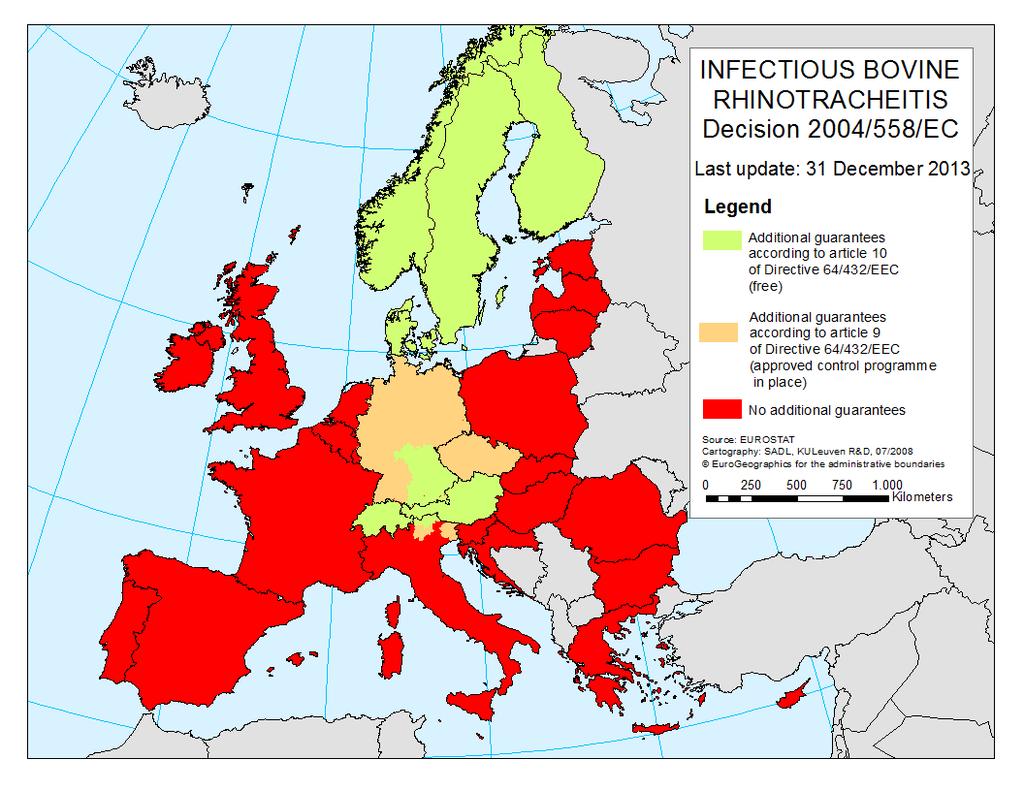 Figuur 2. IBR situatie in de EU lidstaten. (Brond: https://ec.europa.eu/food/sites/food/files/animals/docs/la_bovine_final_report_2013.