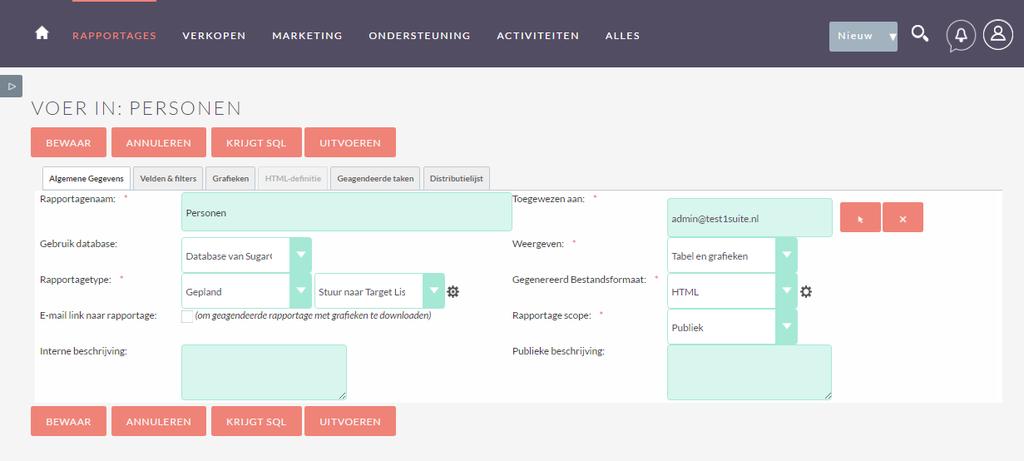 Hoofdstuk 5. SuiteCRM Pro: Rapportage module dan de hier gekozen module. Optioneel: Geef bij 'Rapportagetype' aan of je de rapportage volgens een planning automatisch wil laten versturen.