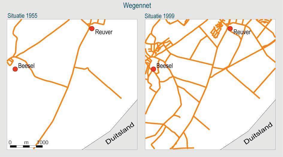 Figuur 3.2. Geselecteerd landschap in Midden-Limburg. Figuur 3.3. Wegenpatroon in geselecteerd landschap in Midden-Limburg in 1955 en 1999.
