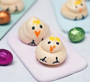 Lemony Easter chicks Get the kids involved in the Easter celebrations with these mini meringues. A light lemony flavour and cute chick decoration makes them the perfect Easter treat.