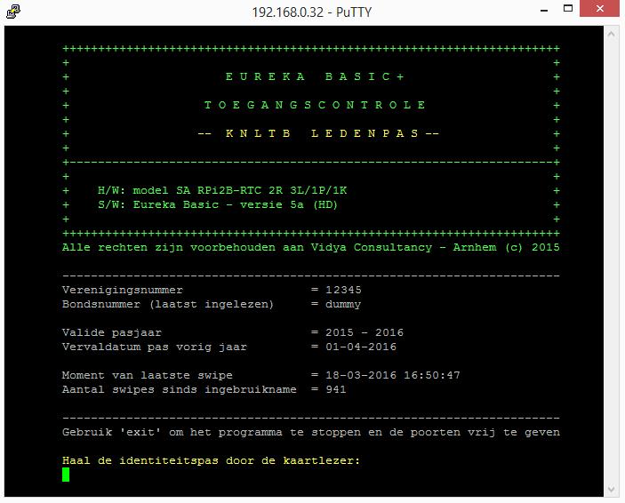 Figuur: Putty terminal - Login Als er verbinding gemaakt is start de terminal op met het EUREKA scherm van de