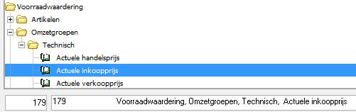 Voor ieder artikel van de omzetgroep wordt de actuele voorraad vermenigvuldigd met de actuele inkoopprijs excl.