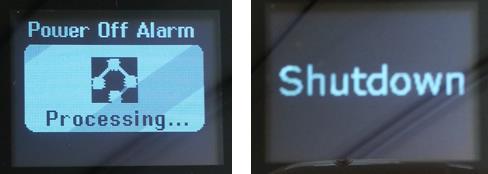 Toestel uitschakelen Houd de aan/uit knop aan de linkerkant van het toestel gedurende 3 seconden ingedrukt totdat u Power Off Alarm Processing op het displayscherm ziet verschijnen.