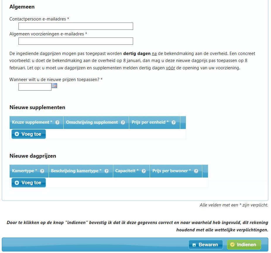 5.4 DOSSIERS - WOONZORGCENTRA & CENTRA VOOR KORTVERBLIJF 5.4.1 Prijsmededeling voor nieuwe voorziening Als u klikt op de link Prijsmededeling voor nieuwe voorziening komt volgend scherm tevoorschijn: