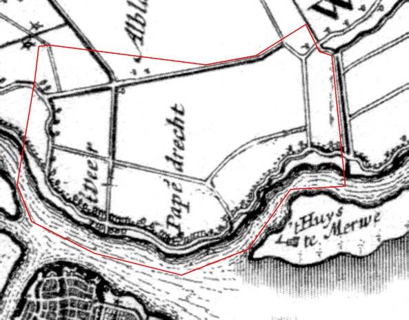 Afbeelding 16. De ligging van het onderzoeksgebied (rood omkaderd), geprojecteerd op een uitsnede van de kaart van Berkenrode uit 1629 A.D. Het grondgebied van de huidige gemeente Papendrecht is op een aantal kaarten vanaf de zestiende eeuw afgebeeld.