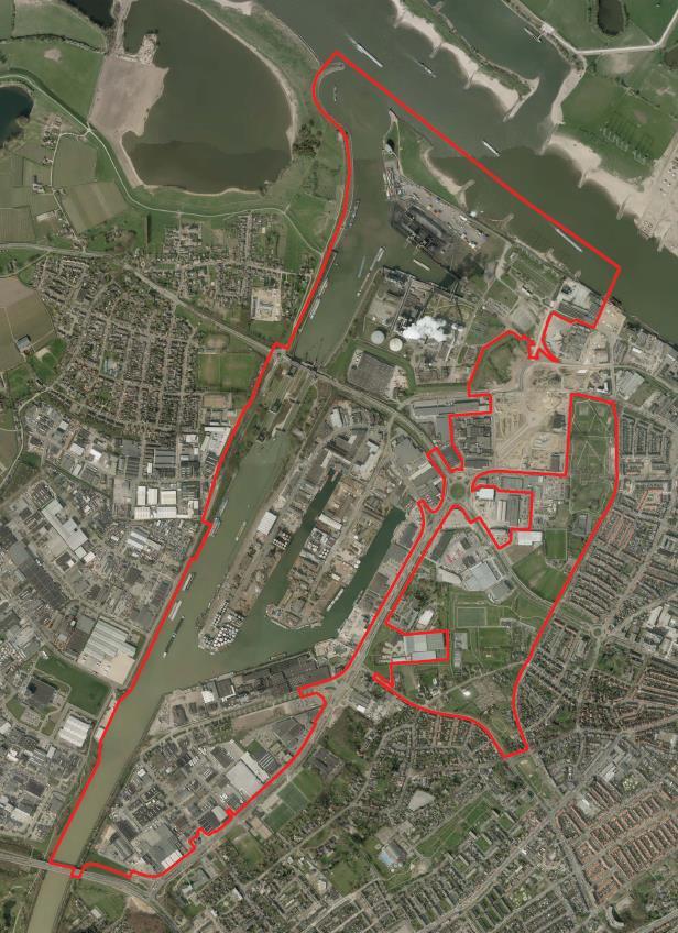 Het plangebied van het bestemmingsplan Nijmegen Kanaalhavens (rood omlijnd). 1.