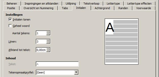 Afbeelding 17: Opties voor het toevoegen van initialen aan het alineaopmaakprofiel Initialen gebruiken hetzelfde lettertype en hebben dezelfde eigenschappen als de rest van de alinea; u kunt echter