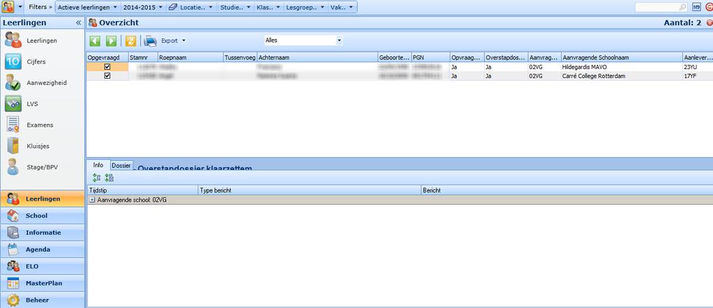 van overstapdossiers. Ga naar Leerlingen Leerlingen Overzicht overstapdossiers: In dit overzicht vindt u alle dossiers die zijn gegenereerd.