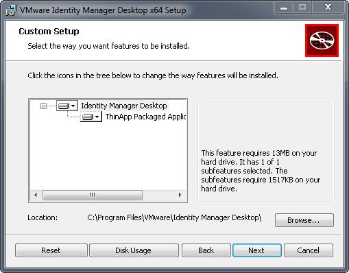 Hoofdstuk 1 VMware Identity Manager Desktop gebruiken a b Klik op Schijfgebruik om te controleren of u voldoende schijfruimte hebt om de applicatie en de geselecteerde functies te installeren.
