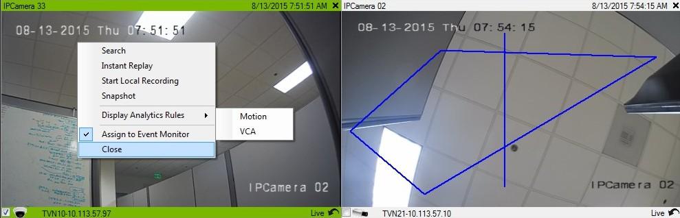 Hoofdstuk 3: Bediening Afbeelding 25: Analyseregels voor video weergeven en verbergen Selecteer Motion (Beweging) of VCA om videobeeld weer te geven of te verbergen.