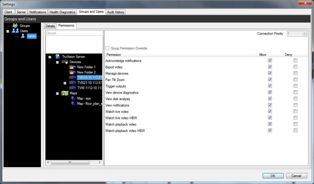 Hoofdstuk 4: TruVision Navigator-instellingen Om machtigingen aan een gebruiker toe te wijzen, klikt u op het tabblad Instellingen / Groepen en gebruikers en vervolgens op het tabblad Permissions