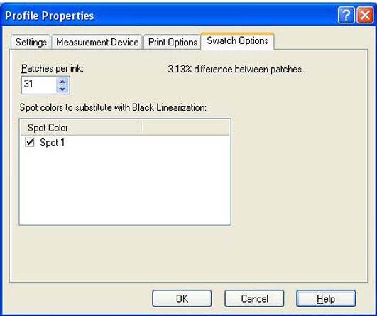 Selecteer Spot 1 in het tabblad Swatch Options om deze te vervangen door de zwarte linearisatiegegevens. [153] Staal printen [154] Wit vervangen door zwart 2.