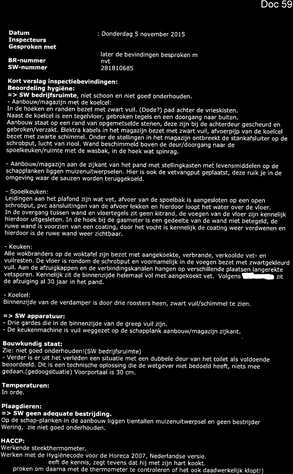 Datum Inspecteurs : Donderdag 5 november 2015 later de bevindingen besproken m 281810685 Kort verslag inspectiebevindingen : Beoordeling hygiëne: => SW bedrijfsruimte, niet schoon en niet goed