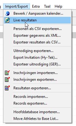 Opzetten van Live Resultaten De laatste parameter stellen we in via Import/Export Live Resultaten. Doe dit bij voorkeur voor het zwemfeest op de PC die je in het zwembad zal gebruiken.