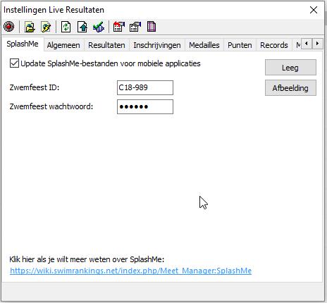 Opzetten van Live Resultaten ID en wachtwoord worden automatisch ingevuld. Web site met Live Resulaten en de SplashMe app zijn 2 verschillende zaken. Je kan beide afzonderlijk configureren.