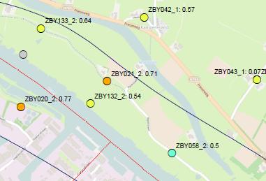 Afwijkend beeld bij de rechteroever van de IJssel ter hoogte van Kampereiland Bij de volgende peilbuizen is de uit metingen vastgestelde bijdrage lager dan elders (zie Afbeelding 14): ZBY058: