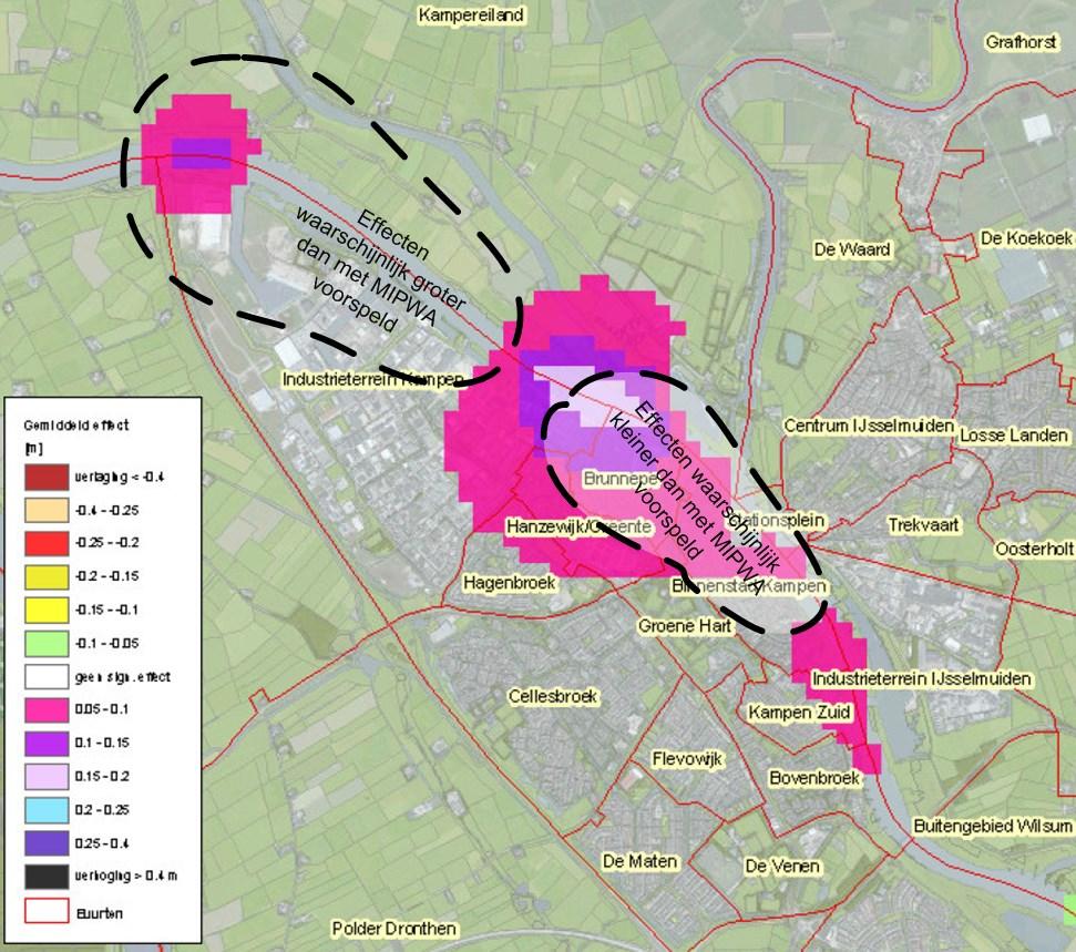 in het gebied tussen Molenbrug en zuidzijde van de Binnenstad Kampen voorspelt het model ongeveer de juiste stijghoogten en ook de juiste dynamiek.