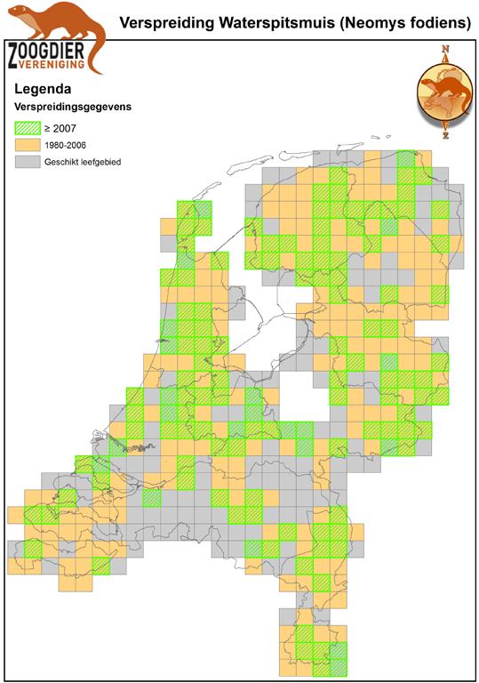 VONZ Waterspitsmuis (inloopvallen) Het geschikte leefgebied van de waterspitsmuis in Nederland omvat 411 10*10 hokken.