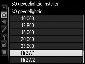 Hi BW1/Hi BW2 In de standen P, S, A en M kunnen Hi BW1 en Hi BW2 worden geselecteerd met behulp van de optie ISO-gevoeligheid instellen (0 271) > ISO-gevoeligheid in het fotoopnamemenu.