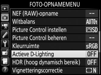 Voer het volgende uit om Actieve D-Lighting te gebruiken: 1 Selecteer Actieve D-Lighting. Markeer Actieve D-Lighting in het fotoopnamemenu en druk op 2. 2 Kies een optie.