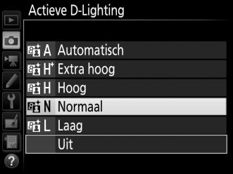 Als Y Automatisch is geselecteerd, past de camera automatisch Actieve D-Lighting aan de opnameomstandigheden aan (in stand M is Y Automatisch echter gelijk aan Q Normaal).