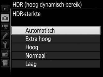 2 Selecteer een stand. Markeer HDR-stand en druk op 2. Markeer een van de volgende opties en druk op J. Om een reeks HDR-foto s te maken, selecteer 6 Aan (reeks).