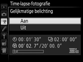 automatische instelling voor ISO-gevoeligheid aan is). 3 Start de opname. Markeer Starten en druk op J. Timelapse-fotografie start na ongeveer 3 sec.