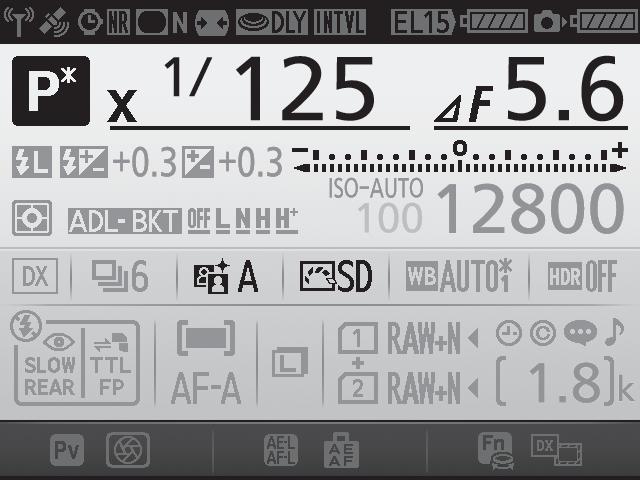 Andere opnameopties De R-knop (Zoekerfotografie) Het indrukken van de R-knop tijdens zoekerfotografie geeft opname-informatie weer in de monitor, inclusief sluitertijd, diafragma, aantal resterende