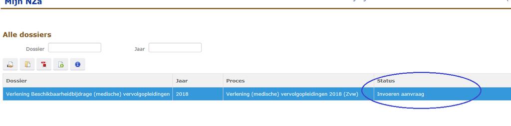 U komt dan op de beginpagina, waar u ziet dat de status is veranderd in Invoeren aanvraag.