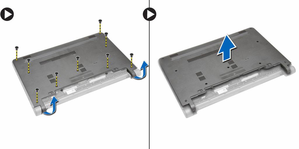 Volg de procedure in Voordat u in de computer gaat werken. 2. Verwijder de batterij. 3. U verwijdert de onderplaat als volgt: a.