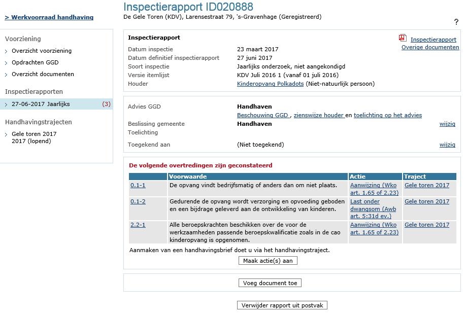 Hier zijn de aangemaakte acties zichtbaar achter de overtredingen, inclusief de artikelnummers uit de betreffende wet- en regelgeving.