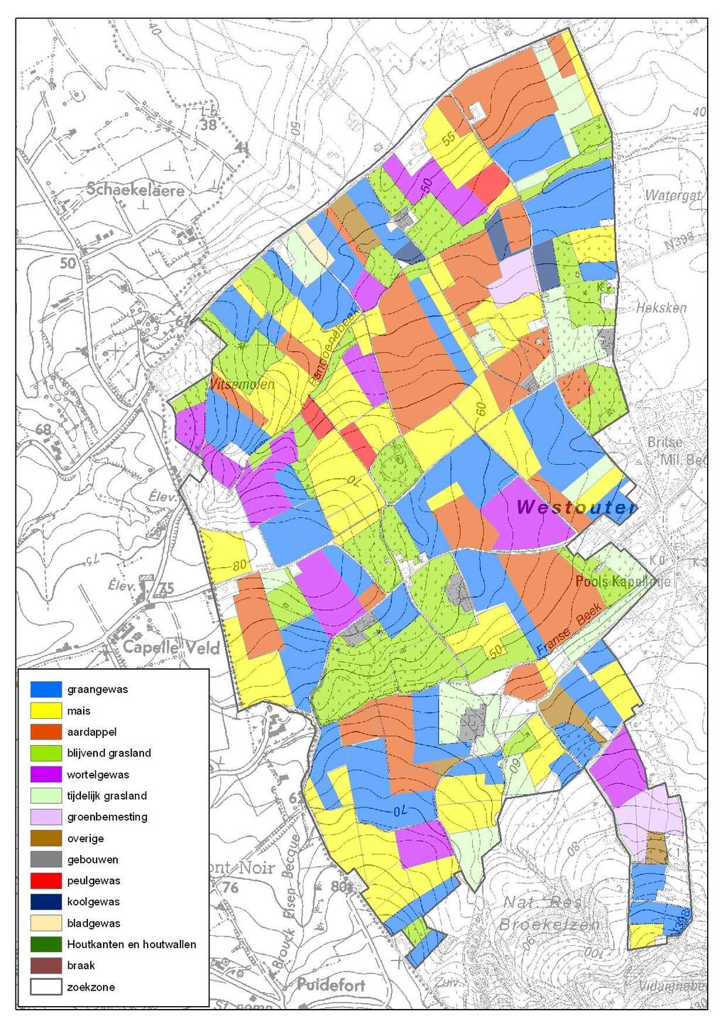 Figuur 3: teeltgroepen (VLM, Landbouwaangifte 2007) De gemiddelde perceelsgrootte in deelgebied Westouter is ongeveer gelijk aan een gemiddeld perceel in Vlaanderen (2% groter).