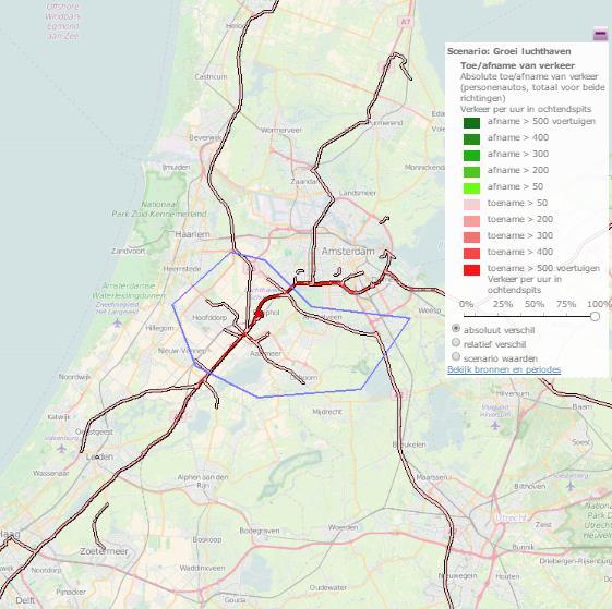 In dit scenario zijn de effecten van een eventuele uitbreiding van Schiphol verkend door te veronderstellen dat het aantal aankomsten en vertrekken met 50% toeneemt.