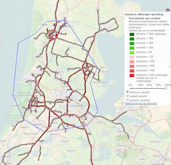Bij een concentratie van de woningen in Amsterdam zal de druk op het wegennet fors toenemen rondom Amsterdam. De belasting voor de rest van de regio blijft echter beperkt.