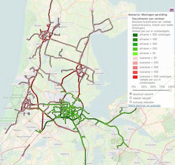 Rood duidt op een toename en groen op een afname van verkeer. Beide varianten leiden (uiteraard) tot een significante afname van druk op het wegennet rondom Amsterdam.