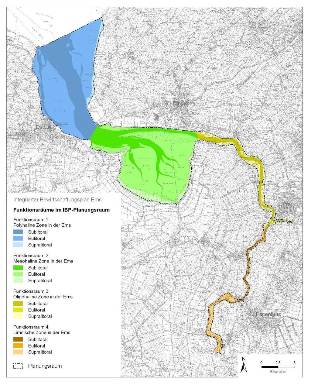 Indeling volgens IBP Ten behoeve van het plangebied van IBP Ems is het gebied als volgt gedefinieerd: Het omvat het estuarium met de Unterems en de Auserems tussen DEK4-km 212 (Tidewehr in Herbrum)